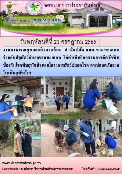 งานสาธารณสุขและสิ่งแวดล้อม  สำนักปลัด อบต.ขามทะเลสอ ร่วมกับปศุสัตว์อำเภอขามทะเลสอ  ได้ดำเนินกิจกรรมการฉีดวัคซีนป้องกันโรคพิษสุนัขบ้า ตามโครงการสัตว์ปลอดโรค คนปลอดภัยจากโรคพิษสุนัขบ้าฯบ้านหนองคู หมู่ที่ 2 และบ้านพวงพยอม หมู่ที่ 7  ต.ขามทะเลสอ