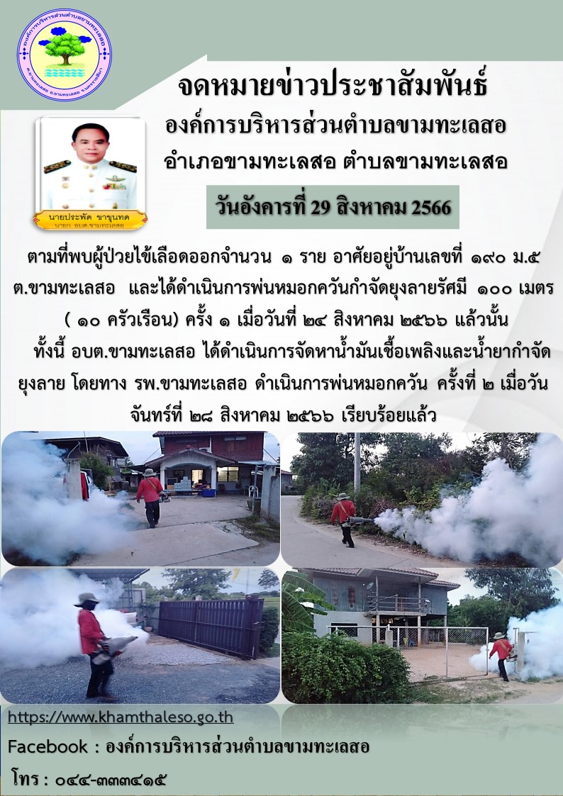 ตามที่พบผู้ป่วยไข้เลือดออกจำนวน ๑ ราย อาศัยอยู่บ้านเลขที่ ๑๙๐ ม. ๕ ต.ขามทะเลสอ และได้ดำเนินการพ่นหมอกควันกำจัดยุงลายรัศมี ๑๐๐ เมตร (๑๐ ครัวเรือน) ครั้งที่ ๑ เมื่อวันที่ ๒๔ สิงหาคม ๒๕๖๖ แล้วนั้น ทั้งนี้ อบต.ขามทะเลสอ ได้ดำเนินการจัดหาน้ำมันเชื้อเพลิงและน้ำยากำจัดยุงลาย โดยทาง รพ. ขามทะเลสอ ดำเนินการพ่นหมอกควัน ครั้งที่ ๒ เมื่อวันจันทร์ที่ ๒๘ สิงหาคม ๒๕๖๖ เรียบร้อยแล้ว