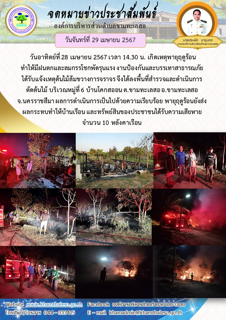 วันเสาร์ที่ 27เมษายน 2567 เวลา 22.30 น. งานป้องกันและบรรเทาสาธารณภัยได้รับแจ้งจากผู้ใหญ่บ้านหมู่ 8 เกิดเหตุไฟไหม้บ้าน นางธนัชภัค ธวัชรวรากูล บริเวณตรงข้ามประปาหมู่ที่ 8 บ้านน้อยพัฒนาต.ขามทะเลสอ อ.ขามทะเลสอ จ.นครราชสีมา จึงได้ทำการประสานรถดับเพลิงเทศบาลตำบลขามทะเลสอเข้าดับเพลิงและเฝ้าระวังเหตุจนเพลิงได้สงบลง ผลการดำเนินการเป็นไปด้วยความเรียบร้อย