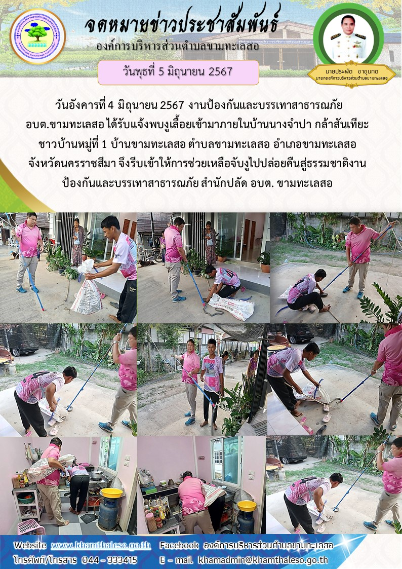 วันอังคารที่ 4 มิถุนายน 2567 งานป้องกันและบรรเทาสาธารณภัย อบต.ขามทะเลสอ ได้รับแจ้งพบงูเลื้อยเข้ามาภายในบ้านนางจำปา กล้าสันเทียะ ชาวบ้านหมู่ที่ 1 บ้านขามทะเลสอ ตำบลขามทะลสอ อำเภอขามทะลสอ จังหวัดนครราชสีมา จึงรีบเข้าให้การช่วยเหลือจับงูไปปล่อยคืนสู่ธรรมชาติ