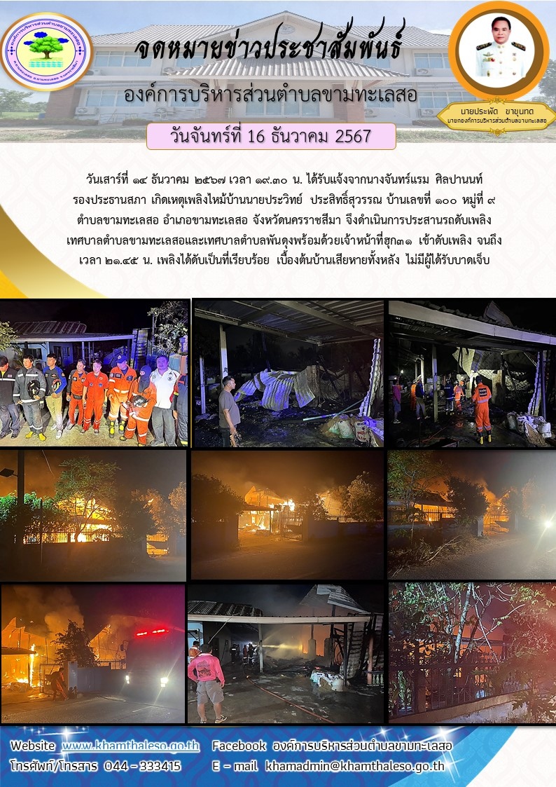วันเสาร์ที่ 14 ธันวาคม 2567 เวลา 19.30 น. ได้รับแจ้งจากนางจันทร์แรม ศิลปานนท์ รองประธานสภา เกิดเหตุเพลิงไหม้บ้านนายประวิทย์ ประสิทธิ์สุวรรณ บ้านเลขที่ 100 หมู่ที่ 9 ตำบลขามทะเลสอ อำเภอขามทะเลสอ จังหวัดนครราชสีมา จึงดำเนินการประสานรถดับเพลิงเทศบาลตำบลขามทะเลสอและเทศบาลตำบลพันดุงพร้อมด้วยเจ้าหน้าที่ฮุก31 เข้าดับเพลิง จนถึงเวลา 21.45 น. เพลิงได้ดับเป็นที่เรียบร้อย เบื้องต้นบ้านเสียหายทั้งหลัง ไม่มีผู้ได้รับบาดเจ็บ