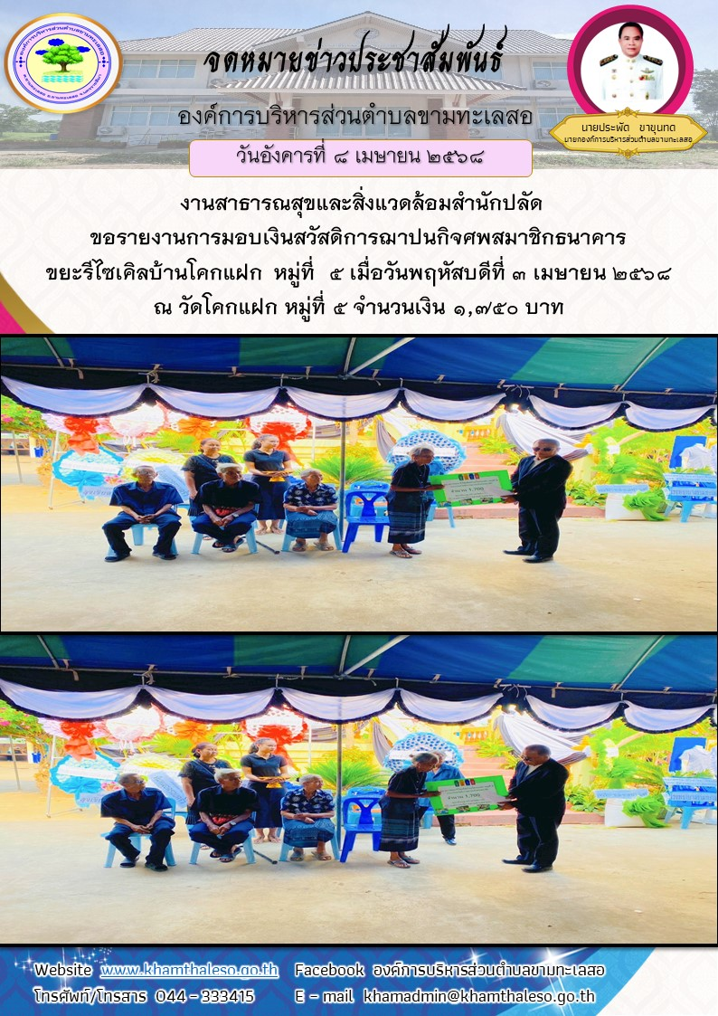 งานสาธารณสุขและสิ่งแวดล้อมสำนักปลัด ขอรายงานการมอบเงินสวัสดิการฌาปนกิจศพสมาชิกธนาคารขยะรีไซเคิลบ้านโคกแฝก  หมู่ที่  5 เมื่อวันพฤหัสบดีที่ 3 เมษายน 2568 ณ วัดโคกแฝก หมู่ที่ 5 จำนวนเงิน 1,750 บาท
